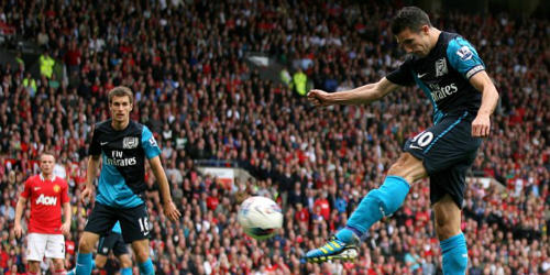 Robin Van Persie scores a consolation goal in Arsenal's 8-2 defeat to Manchester United